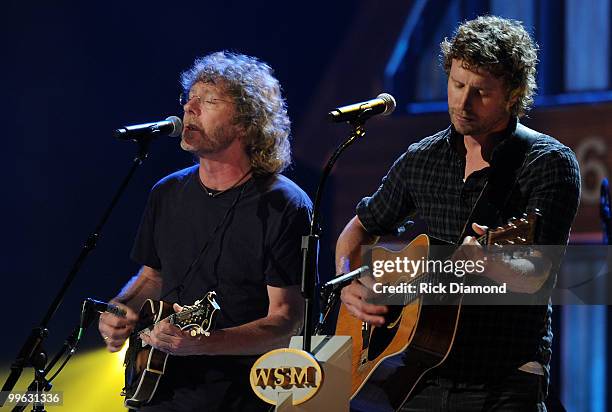 Musician Sam Bush and Singer/Songwriter Dierks Bentley perform during the Music City Keep on Playin' benefit concert at the Ryman Auditorium on May...