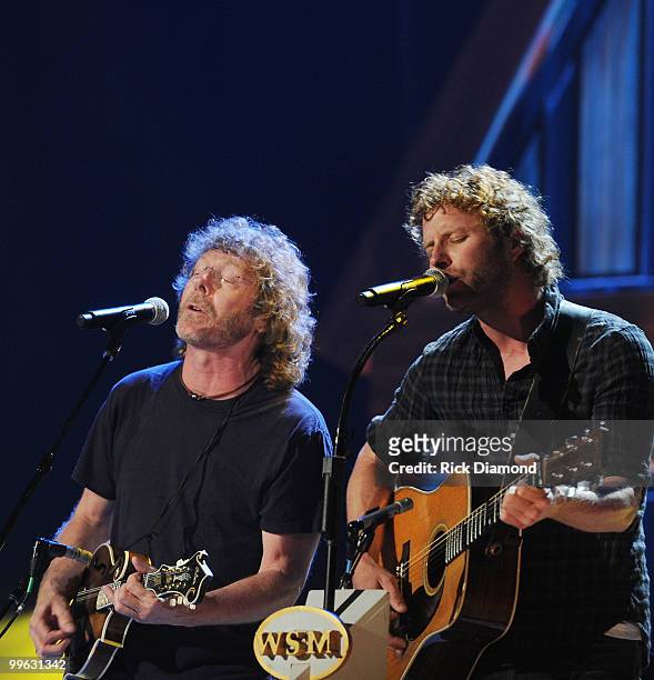 Musician Sam Bush and Singer/Songwriter Dierks Bentley perform during the Music City Keep on Playin' benefit concert at the Ryman Auditorium on May...