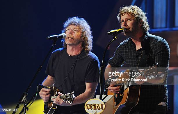 Musician Sam Bush and Singer/Songwriter Dierks Bentley perform during the Music City Keep on Playin' benefit concert at the Ryman Auditorium on May...