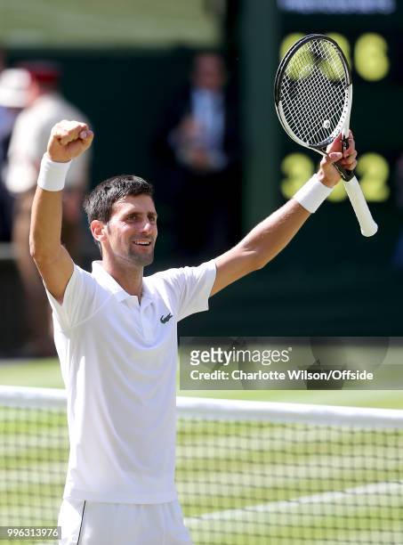 Mens Singles Quarter-Final - Novak Djokovic v Kei Nishikori - Novak Djokovic celebrates at All England Lawn Tennis and Croquet Club on July 11, 2018...