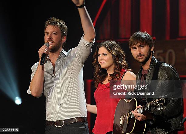 Country Rock Trio Lady Antebellum, Charles Kelley, Hillary Scott and Dave Haywood perform during the Music City Keep on Playin' benefit concert at...