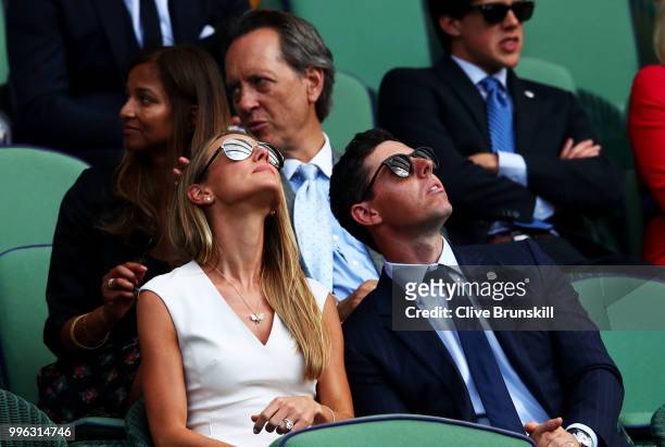 Erica Stoll and Rory McIlroy attend day nine of the Wimbledon Lawn Tennis Championships at All England Lawn Tennis and Croquet Club on July 11, 2018...