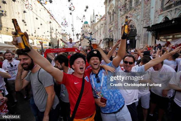 England fans sing songs and soak up the party atmosphere in Nikolskaya St near Red Square ahead of tonight's World Cup semi-final game between...