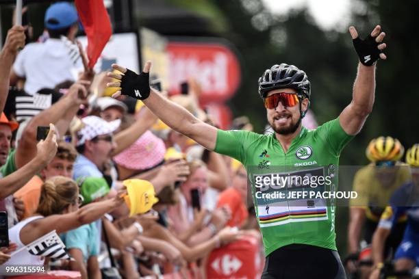 Slovakia's Peter Sagan celebrates after crossing the finish line to win the fifth stage of the 105th edition of the Tour de France cycling race...