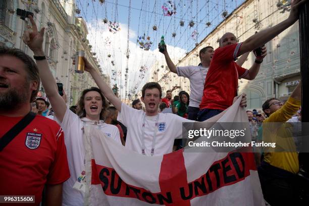 England fans sing songs and soak up the party atmosphere in Nikolskaya St near Red Square ahead of tonight's World Cup semi-final game between...