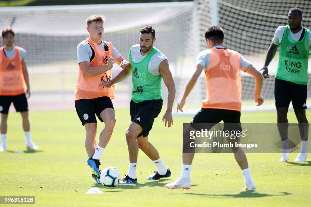 Vicente Iborra with Harvey Barnes during the Leicester City pre-season training camp on July 11, 2018 in Evian, France.