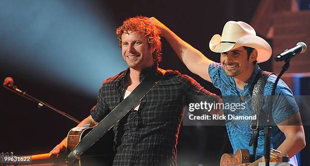 Singers/Songwriters Dierks Bentley/Brad Paisley perform during the Music City Keep on Playin' benefit concert at the Ryman Auditorium on May 16, 2010...