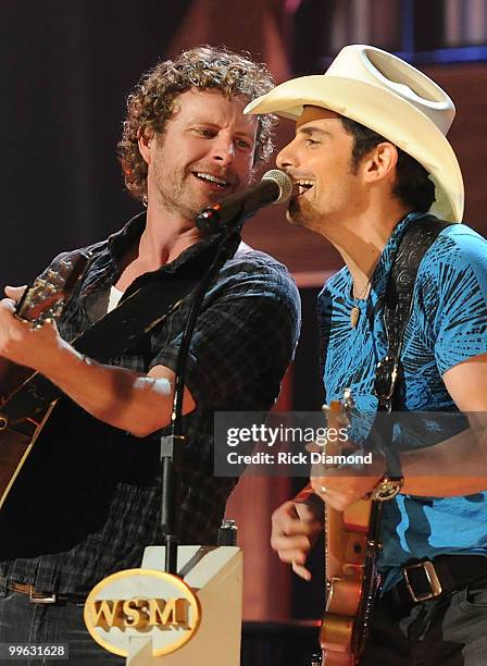 Singers/Songwriters Dierks Bentley/Brad Paisley perform during the Music City Keep on Playin' benefit concert at the Ryman Auditorium on May 16, 2010...
