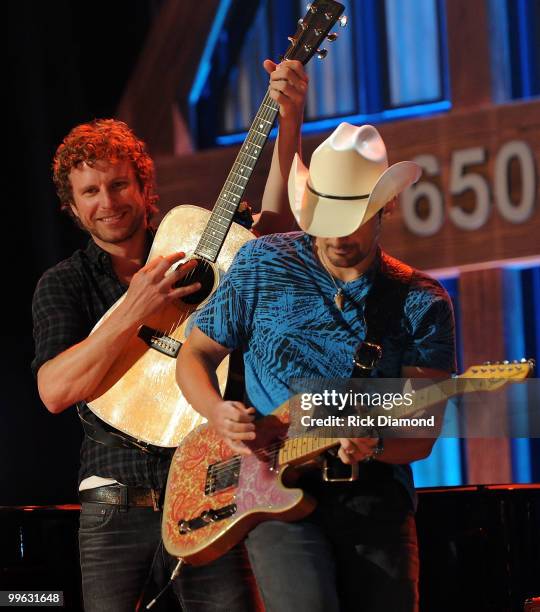 Singers/Songwriters Dierks Bentley/Brad Paisley perform during the Music City Keep on Playin' benefit concert at the Ryman Auditorium on May 16, 2010...