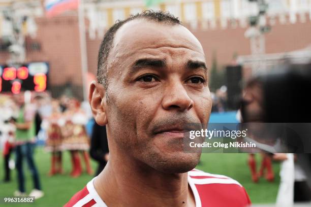 Cafu talks to journalists during the Legends Football Match in "The park of Soccer and rest" at Red Square on July 11, 2018 in Moscow, Russia.