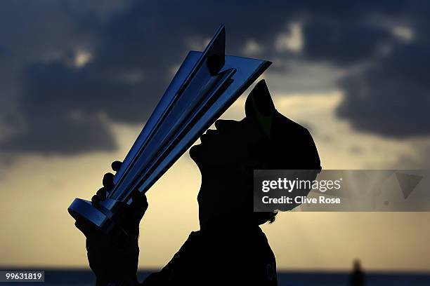 Paul Collingwood of England kisses the ICC World Twenty20 trophy on the beach after the final of the ICC World Twenty20 between Australia and England...