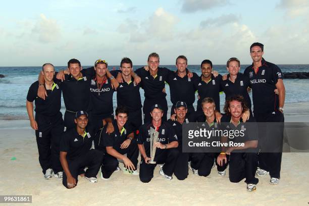 The England team pose with the ICC World Twenty20 trophy on the beach after the final of the ICC World Twenty20 between Australia and England at the...