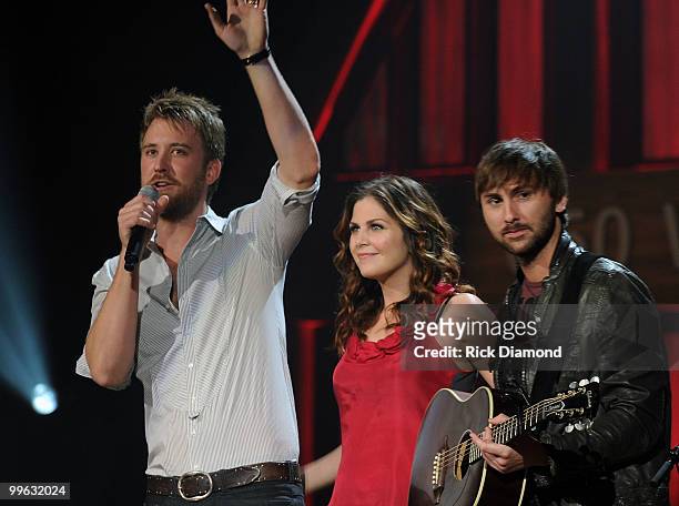 Country Rock Trio Lady Antebellum, Charles Kelley, Hillary Scott and Dave Haywood perform during the Music City Keep on Playin' benefit concert at...