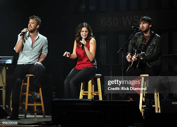 Country Rock Trio Lady Antebellum, Charles Kelley, Hillary Scott and Dave Haywood perform during the Music City Keep on Playin' benefit concert at...