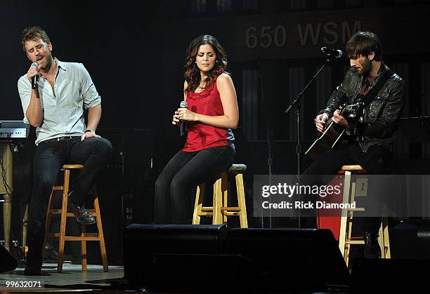 Country Rock Trio Lady Antebellum, Charles Kelley, Hillary Scott and Dave Haywood perform during the Music City Keep on Playin' benefit concert at...