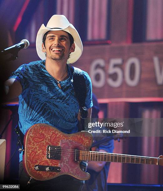 Singer/Songwriter Brad Paisley performs during the Music City Keep on Playin' benefit concert at the Ryman Auditorium on May 16, 2010 in Nashville,...