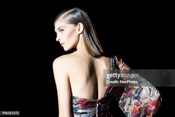 Model walks the runway at the 'Hannibal Laguna' catwalk during the Mercedes-Benz Madrid Fashion Week Spring/Summer in Madrid, Spain. July 10, 2018.