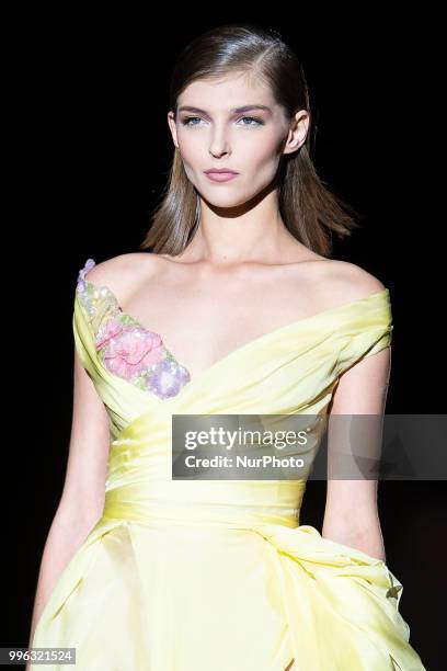 Model walks the runway at the 'Hannibal Laguna' catwalk during the Mercedes-Benz Madrid Fashion Week Spring/Summer in Madrid, Spain. July 10, 2018.