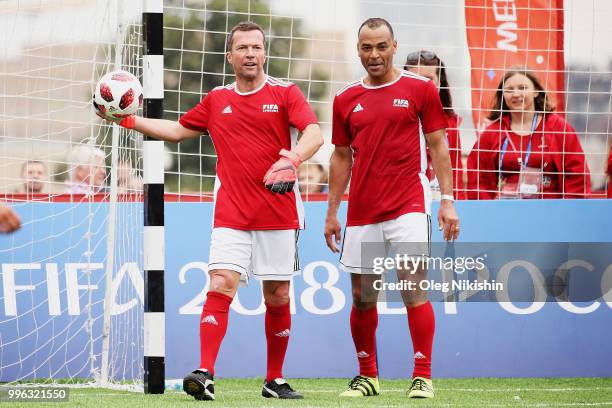 Lothar Matthaus and Cafu during the Legends Football Match in "The park of Soccer and rest" at Red Square on July 11, 2018 in Moscow, Russia.