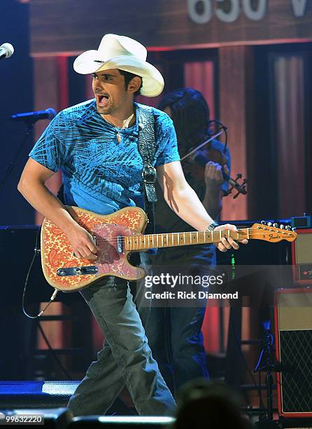 Singer/Songwriter Brad Paisley performs during the Music City Keep on Playin' benefit concert at the Ryman Auditorium on May 16, 2010 in Nashville,...