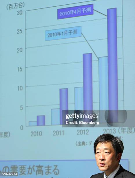 Mikio Katayama, president of Sharp Corp., speaks during a news conference in Tokyo, Japan, on Monday, May 17, 2010. Sharp Corp. Plans to increase the...