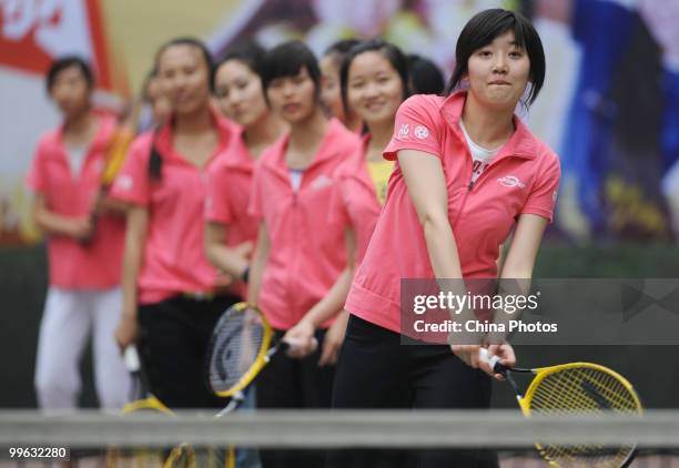 Students take part in the training session of Kappa Tennis Cheering Show on May 16, 2010 in Beijing, China. Kappa Tennis Cheering Show is an event...