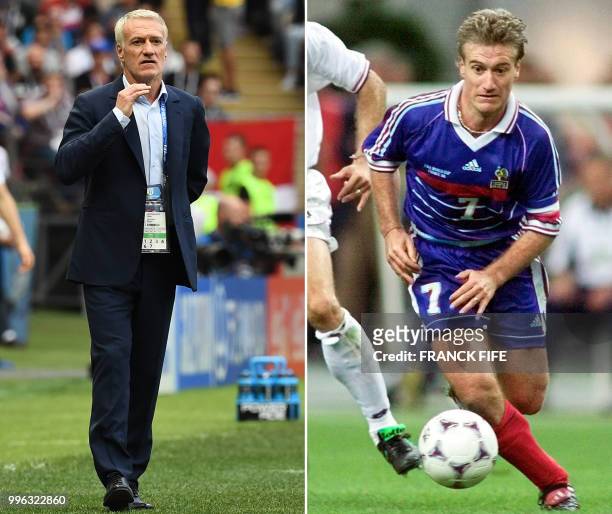 This combination of file pictures created on July 11 shows France's head coach Didier Deschamps shouting from the sideline during the Russia 2018...