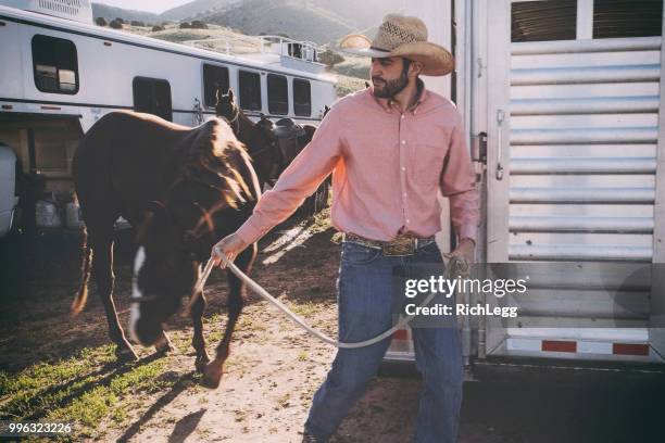 loading and unloading horses in trailer - horse trailer stock pictures, royalty-free photos & images