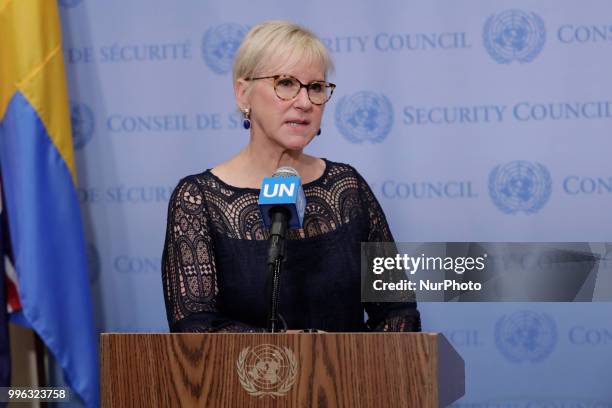 United Nations, New York, USA, July 11, 2018 - Press Encounter with Minister for Foreign Affairs of Sweden Margot Wallstrom before the Security...