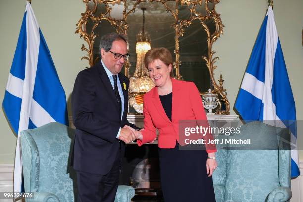 Scotland's First Minister Nicola Sturgeon meets with the President of Catalonia Quim Torra at Bute House on July 11, 2018 in Edinburgh, Scotland.