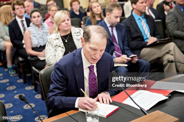 Senator Ron Wyden, a Democrat from Oregon, waits to begin a Senate Rules and Administration Committee hearing on election security in Washington,...