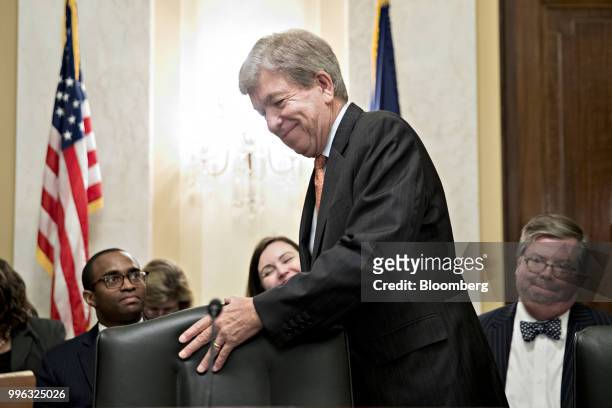 Senator Roy Blunt, a Republican from Missouri and chairman of the Senate Rules and Administration Committee, arrives to a hearing on election...
