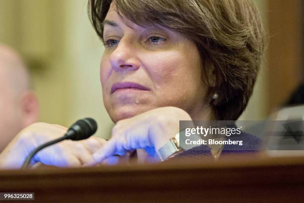 Senator Amy Klobuchar, a Democrat from Minnesota and ranking member of the Senate Rules and Administration Committee, listens during a hearing on...