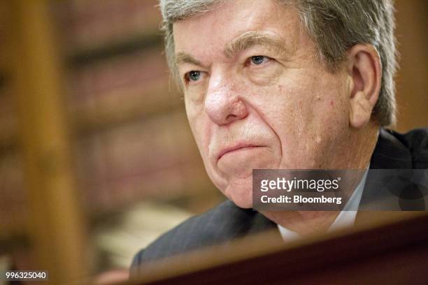 Senator Roy Blunt, a Republican from Missouri and chairman of the Senate Rules and Administration Committee, listens during a hearing on election...