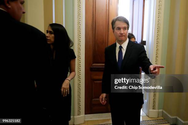 Judge Brett Kavanaugh leaves the offices of Senate Majority Whip John Cornyn after a meeting at the U.S. Capitol July 11, 2018 in Washington, DC....