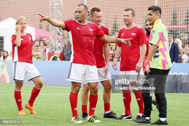 Marina Fedorova, Cafu , Andrey Tikhonov, Lothar Matthaus and Jorge Campos during the Legends Football Match in "The park of Soccer and rest" at Red...