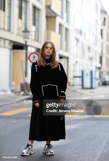 Swantje Sömmer wearing a Sonia Rykiel dress, Off White bag and Balenciaga Triple S shoes. She attends the Magazine Lauch Party on July 6, 2018 in...