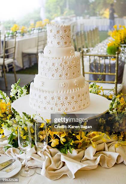 all-white fondant wedding cake with a lace design - cake tier stock pictures, royalty-free photos & images