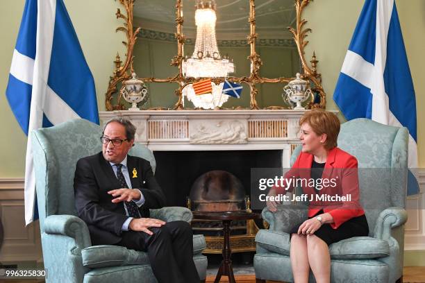 Scotland's First Minister Nicola Sturgeon meets with the President of Catalonia Quim Torra at Bute House on July 11, 2018 in Edinburgh, Scotland.