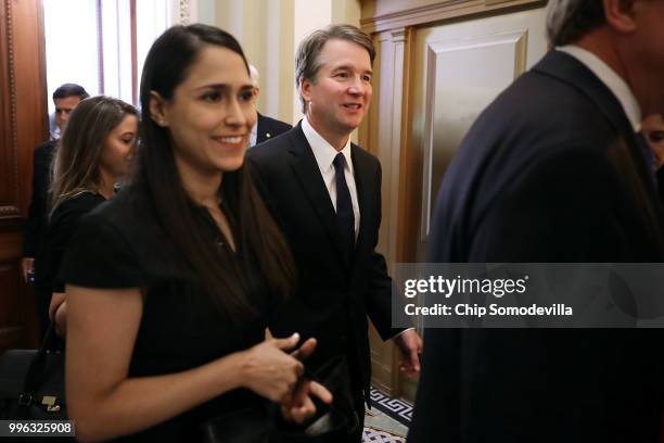 Judge Brett Kavanaugh leaves the offices of Senate Majority Whip John Cornyn after a meeting at the U.S. Capitol July 11, 2018 in Washington, DC....