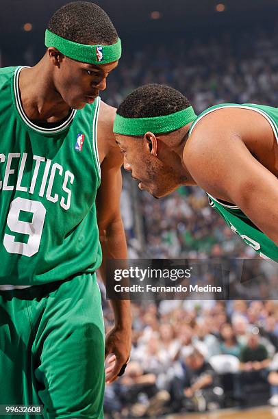 Rajon Rondo and Paul Pierce of the Boston Celtics discuss strategy during play against the Orlando Magic in Game One of the Eastern Conference Finals...