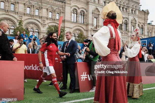 Jorge Campos is being greeted during the Legends Football Match in "The park of Soccer and rest" at Red Square on July 11, 2018 in Moscow, Russia.