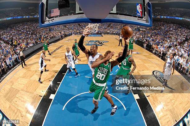 Ray Allen of the Boston Celtics takes the ball to the basket against Dwight Howard of the Orlando Magic in Game One of the Eastern Conference Finals...