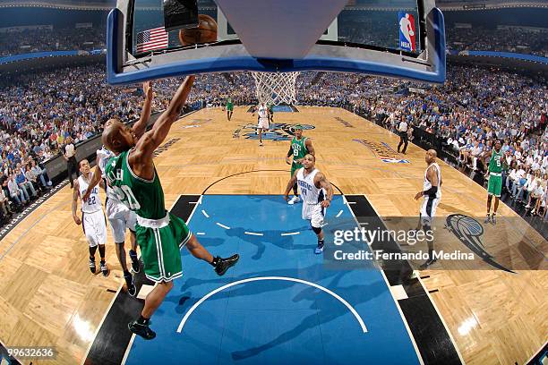 Ray Allen of the Boston Celtics shoots a layup against the Orlando Magic in Game One of the Eastern Conference Finals during the 2010 NBA Playoffs on...