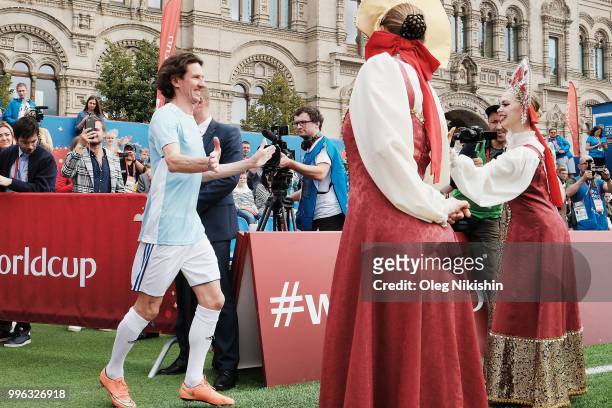 Alexey Smertin is being greeted during the Legends Football Match in "The park of Soccer and rest" at Red Square on July 11, 2018 in Moscow, Russia.