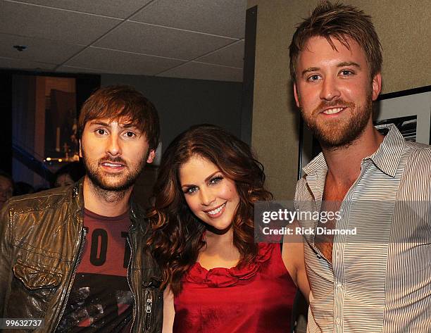 Country Rock Trio Lady Antebellum, Dave Haywood, Hillary Scott and Charles Kelley backstage during the Music City Keep on Playin' benefit concert at...