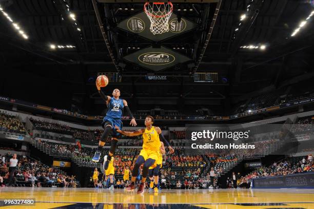 Maya Moore of the Minnesota Lynx goes to the basket against the Indiana Fever on July 11, 2018 at Bankers Life Fieldhouse in Indianapolis, Indiana....