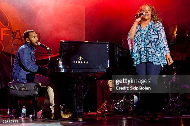 Singer songwriter John Legend and jazz singer Cassandra Wilson perform at the GULF AID benefit concert at Mardi Gras World River City on May 16, 2010...