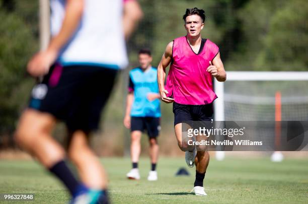 Jack Grealish of Aston Villa in action during an Aston Villa training session at the club's training camp on July 11, 2018 in Faro, Portugal.