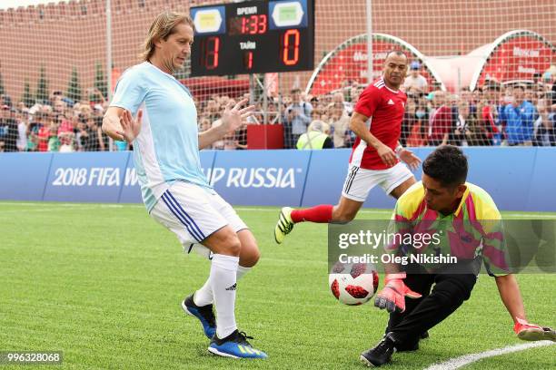 Michel Salgado controls the ball during the Legends Football Match in "The park of Soccer and rest" at Red Square on July 11, 2018 in Moscow, Russia.